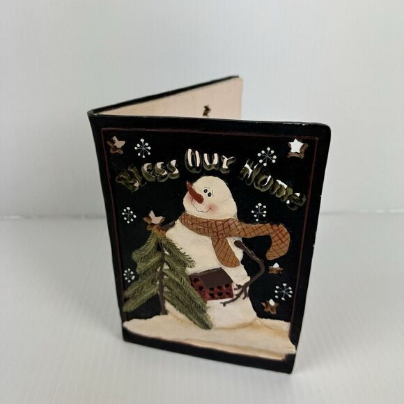 Vintage Crazy Mountain Bless Our Home Snowman Ceramic Tea Light Candle Holder - Picture 1 of 10